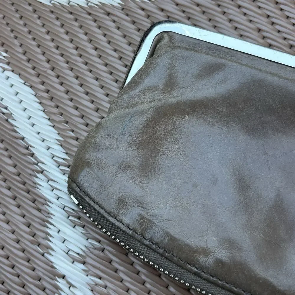 Hobo International Millie Frame Zipper Bottom Leather Clutch Wallet Gray Worn